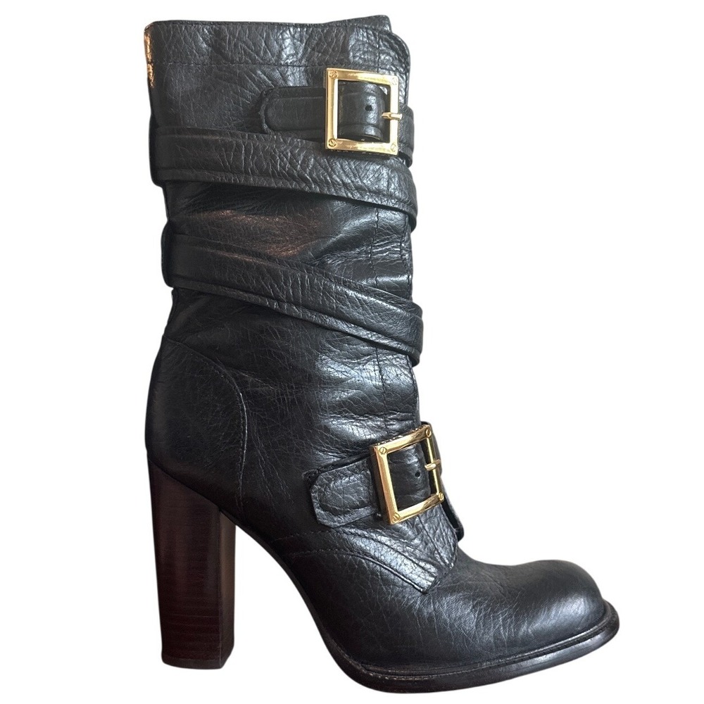 Tory Burch Jaden Black Leather Moto Harness Buckle Heel Booties 7.5